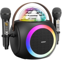 Karaoke iekārta pieaugušajiem un bērniem, pārnēsājams Bluetooth skaļrunis ar 2 UHF bezvadu mikrofoniem, PA sistēma ar disko bumbu, LED gaismas, mājas ballītei, kāzām, baznīcai, āra/iekštelpu