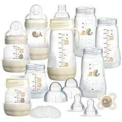 MAM Easy Start pašsterilizējošs pretkoliku sākuma komplekts, jaundzimušo pudelīšu komplekts un knupītis, jaundzimušo pirmās nepieciešamības preces, balts (dizaini var atšķirties)