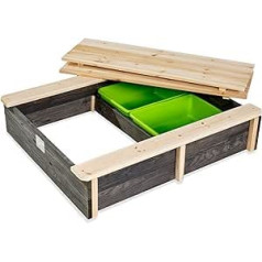 EXIT TOYS Aksent Sandkasten aus Holz - 94x77cm - Sandspielzeug für Kinder - 100% FSC Zedernholz - Mit 2 Bänken - Mit 2 herausnehmbarer Behälter - Abschließbar mit Deckel - Für Outdoor