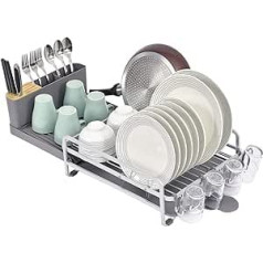 KINGRACK Dish Drying Rack, Expandable Dish Drainer with Cutlery Holder and Removable Glasses Cup Holder, Adjustable Aluminum Dish Rack with 360 Rotating Spout