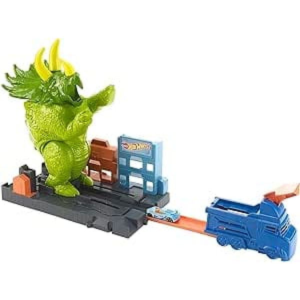 Hot Wheels GBF97 City Triceratops Attack, dinosaur starter play set with car.