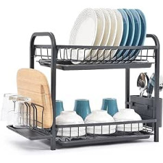 KINGRACK Dish Drainer 2-Tier Dish Drainer with Drip Trays Cutlery Holder Cup Holder Chopping Board Holder & Draining Board Large Dish Drainer Basket for Kitchen Worktop