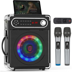 Bluetooth Speaker, Portable Wireless Speaker Box, Music Box with Mixed LED Lights and 2 Microphones, Loud with Powerful Bass, Supports USB/TF Card/AUX/FM/Rec for Party