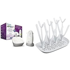 Philips Avent audio bērnu monitors SCD733/26 — DECT tehnoloģija, ekorežīms, zvaigžņotās debesis, domofona funkcija, miega un nakts dziesmas, balts un SCF149/00 žāvēšanas statīvs, balts/zils