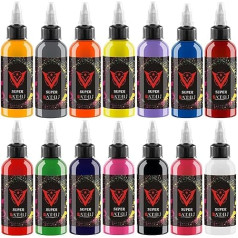 14-piece tattoo ink set, 14-colour pigment set, dynamic ink tattoo supply, permanent supply, 1 ounce (30 ml/bottle) suitable for 3D make-up and beauty tattoo enthusiasts