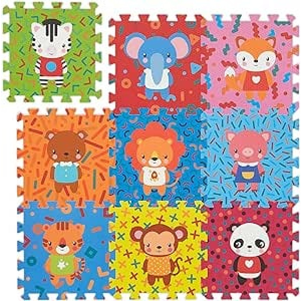 Relaxdays Puzzle Mat Animals 9 Piece Play Mat Non-Toxic EVA Foam Children's Room 86 x 86 cm Colourful