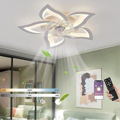 ‎Miir MiiR LED kluss griestu ventilators ar apgaismojumu, 50 W guļamistabas griestu apgaismojums, ar tālvadības pulti un lietotni, regulējama lampa ar ventilatoru, 5 gaismas, zieda forma, akrila abažūrs, viesistaba, virtuve, 69 cm