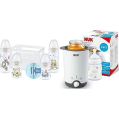 NUK First Choice+ zīdaiņu pudelītes sākuma komplekts | 0-6 mēneši | 4 pudeles ar temperatūras kontroles displeju un pudeļu kastīti | Pretkoliku vārsts | 5 gabali un Thermo 3 vienā pudeles sildītājs