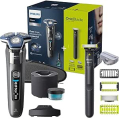 Philips Shaver Series 7000 elektriskais mitrais un sausais skuveklis ar SkinIQ tumšā hromā ar izvelkamu trimmeri, tīrīšanas staciju, tīrīšanas kasetni un Philips OneBlade (modeļi S7887/78)