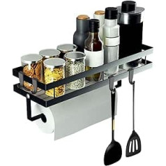 NAEBRO Spice Rack Wall Kitchen Shelf No Drilling Metal Hanging Spice Rack with Kitchen Roll Holder and Removable Hooks, Kitchen Shelf Spice Organiser for Kitchen (35 cm Length