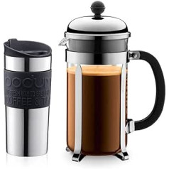 Bodum K11068-01 Set aus Chambord Kaffeebereiter 8 Tassen un Travel Mug Becher, 0,35 l, Edelstahl mit Silikonring, Schwarz