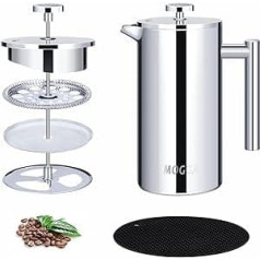 MOGGA Cafetiere kafijas automāts 350 ml / 2 tases ietilpības kafijas automāts nerūsējošā tērauda dubultsienu izolēta kafijas prese ar 3 slāņu filtru sistēmu maltai kafijai mājās