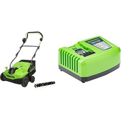 Greenworks GD40SC36 Battery Scarifier and Lawn Rake with Brushless Motor, 3900 rpm, 36 cm Working Width, 5 Depths, 45 L Collection Container Without 40 V Battery & Charger & Battery Quick Charger