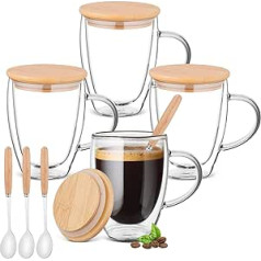4 x 350 ml Double-Walled Glasses with Lid, Spoon, Latte Macchiato Glasses, Cappuccino Cups, Iced Coffee Cups, Double-Walled Coffee Cups, Tea Cups, Heat and Cold Resistant - Borosilicate Glass