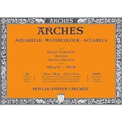 Arches Aquarelle - Pad 20 loksnes 26 x 36 cm, Līmēts, 4 malas - 300 g/m² - Graudu dvielis, dabīgs balts, 4 malas franki