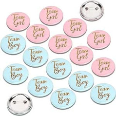 Iepakojumā ir 60 dzimumu atklājošās piespraudes Baby Shower Buttons Team zēna un komandas meitenes poga Rozā zila pogas Spraude Baby Shower Party piederumiem