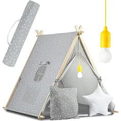 Ricokids Teepee telts bērniem izgatavota no kokvilnas - iekštelpu un āra rotaļlieta - logs divi spilveni - izolācijas paklājiņš - LED lampa - Wigwam indiāņu telts papeles koks 116 x 107 x 110 cm pelēks