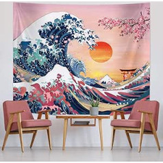 Sumind Ocean Wave Gobelēns Sunset Gobelēns Pie sienas Japāņu Kanagavas Gobelēns Liela viļņa ķiršu ziedu dabas fona gobelēns japāņu ballītei (59 x 51 colla)