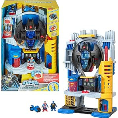 IMAGINEXT DC Super Friends — izcilā galvenā mītne ar Betmena un Supermena figūrām, sikspārņu lidmašīnu un sikspārņu stumšanas rotaļu komplektu bērniem no 3 līdz 8 gadiem, HNW08