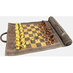 StonKraft 19 inches x 15 inches (chess board size 12 inches x 12 inches) real roll-up leather chess game - with wooden chess figures - brown grey | comes with an innovative carry bag