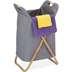 Relaxdays Laundry Basket with Bamboo Frame, Fabric Laundry Bag, 55 Litres, H x W x D: 69.5 x 40 x 40 cm, Square Laundry Sorter, Grey