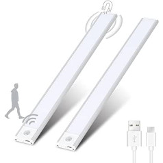 30 cm Ultra Thin Cabinet Lighting LED with Motion Sensor, Pack of 2 Under-Unit Lights, 3 Lighting Modes, USB Rechargeable, Magnetic, LED Light Strip for Kitchen, Bedroom, Wardrobe, Stairs