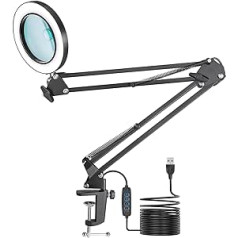 Jubor Magnifying Glass with Light and Stand, 10x 8x LED Magnifying Lamp with Clamp, Desk Lamp with 3 Colour Modes, Dimmable, LED Magnifying Lamp for Hobby Crafts, Workplace Lamp, LED Reading Lamp