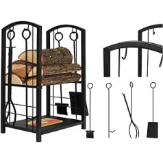 8785 Wooden Basket with Fireplace Tools Black Stainless Steel