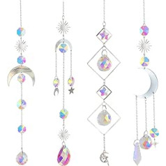 Sun Catcher Crystal Wind Chime, Pack of 4 Crystal Pendant Decoration, Silver Moon Star Rainbow Crystals Pendant, Rainbow Sun Catcher Crystal, Hanging Window Decorationfor Home, Office, Garden, Outdoor Decoration