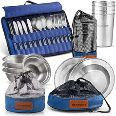 Wealers Unique Complete Messware Set Polished Stainless Steel Tableware Camping Buffet Includes Cups, Plates, Bowls, Cutlery, Comes in Mesh Bags (4 Person Set) (Blue)