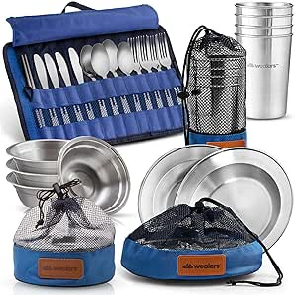 Wealers Unique Complete Messware Set Polished Stainless Steel Tableware Camping Buffet Includes Cups, Plates, Bowls, Cutlery, Comes in Mesh Bags (4 Person Set) (Blue)