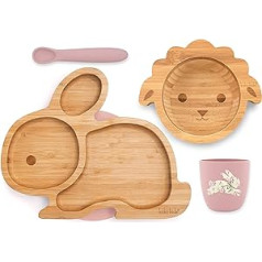 Koko Kids® bambusa un silikona barošanas komplekts ~ Truša sūkšanas šķīvis, jēra gaļas sūkšanas bļoda, silikona krūze un karote (rozā)