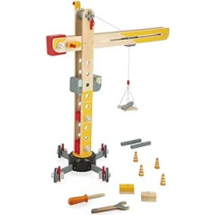 Janod - Liels koka celtnis 74 cm - lomu rotaļlieta - celtniecības spēle - 360° grozāma un mobila - Iekļauti 12 piederumi - FSC sertificēts - no 3 gadiem, J06468, dzeltens