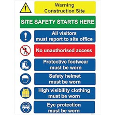 Brīdinājuma zīme RDLCAR vairākām bīstamām vietām — sienu / āra / būvlaukumu paziņojumu dēlis saskaņā ar veselības un drošības noteikumiem — 600 mm x 800 mm – 5 mm biezs gofrēts PVC