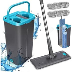 MASTERTOP Mop and Cleaning Bucket Set, 141 cm Flat Mop with Bucket for Wet/Dry Use, 2-in-1 Floor Mop Complete Set with 6 Reusable Pads for All Hard Floors, Grey + Blue