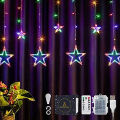 DazSpirit 3,5 m, 138 LED gaismas aizkars Ziemassvētku zvaigznes ar 12 zvaigznēm, tālvadības pults un 20 āķi, darbojas ar USB vai akumulatoru, 8 režīmi, dāvanu kastīte, ūdensizturīgs, iekštelpās un ārā (krāsains)