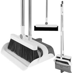 3 Pieces Dustpan and Dustpan Set with Long Handle, Rotating Broom and Dustpan, Comb, Upright Household Dustpan and Brush Set for Household with Floor Squeegee(White)