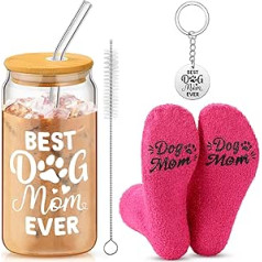 Treela 3 Stück Geschenk für Hundeliebhaber Frauen Hund Mutter Ever Becher Becher mit Bambusdeckel und Glasstrohhalm Haustier Liebhaber Socken Schlüsselanhänger Lustige Geschenkidee für Hundeliebhaber