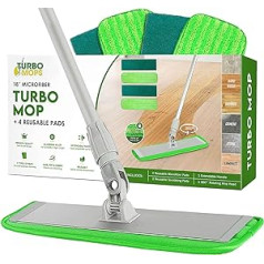 Turbo Microfiber Bodenwischer Set - Wischmopp mit 4 Mikrofaser Wisch Pads für Parkett, Laminat, Fliesen - 89-152cm Teleskopstiel mit 360 Grad Drehgelenk - Feucht- und Staubwischer zum Boden wischen