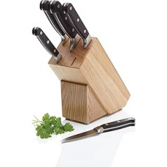 MasterClass Halo Messerset ar Messerblock, 5-teiliges Edelstahl Küchenmesse-Set, Kochmesser/Fleischmesser/Brotmesser/Allzweckmesse/Schälmesser, Edelstahl, Braun, 36,7 x 19,8 x 9,9 cm