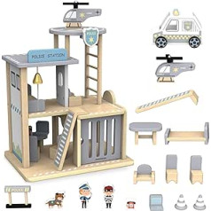 Mamabrum, Wooden Police Commissariat with Accessories, Police Post, Police Car, Helicopter, Police Dog, Policeman, Villain, Police Barrier