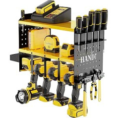 HANDT Power Tool Organiser, Wall Mount, Drill Holder, Garage Storage Rack, Pegboard Screwdriver Holder with Magnetic Rod and Organiser Bucket, Charging Station Utility Shelf, Yellow