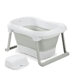 Hauck Wash N Fold L Baby Bath ar ķeblīti, salokāms jaundzimušajiem līdz 18 kg, drenāžas aizbāznis ar krāsas maiņu augstā temperatūrā, mīksti materiāli, viegli saliekams, 80 x 56 x 44 cm (baltā salvija)