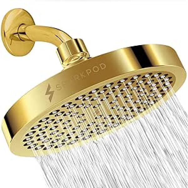 SparkPod Fixed Shower Head - High Pressure Rain - Luxury Modern Look - Easy Tool Free Installation - The Perfect Adjustable Replacement (Gold, 15 cm Round)