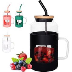 CZFWin 1,4 l Glasbecher mit Bambusdeckel und Strohhalm, Glas-Wasserflaschen mit Silikonhülle, Eiskaffeetasse mit Griff, Trinkgläser für Boba-Tasse, Smoothie-Tasse – Schwarz