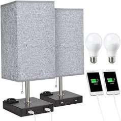 Depuley naktslampa ar 2 USB uzlādes pieslēgvietām, galda lampa ar vilkšanas ķēdi, LED spuldze E27 x 2 5W, silti balta, iekļauta lasīšanai guļamistabā, birojā, viesistabā [Enerģijas klase A+]