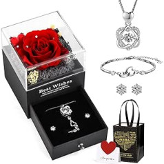 WIAZZLUK Eternal Real Rose, Handmade Preserved Rose Jewellery Gift Box with Heart Necklace Earrings and Bracelets, Gifts for Mum Mother's Day Thanksgiving Birthday