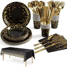 141 Pieces Black Gold Party Tableware, Party Accessories, Paper Plates Set, ReusablePaper Tableware Set Including Tablecloth, Plates, Cups, Napkins For Birthdays, Weddings, Anniversaries (20 Guests)