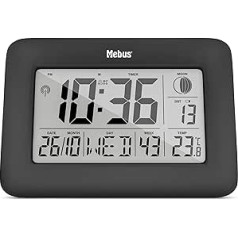 Funkwanduhr, Funk-Tisch-Uhr, Zwei Weckzeiten mit Weckwiederholung, Innenthermometer, Kalender, Zeitzonen-Einstellung, Mondphase, krāsa: Schwarz, Modelis: 46732