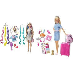 Barbie GHN04 - Fantasy Hair Doll, Blonde, with Two Decorated Headbands, Two Tops & Barbie Travel Doll (Blonde) with Dog, Hinged Case, Stickers and More Than Ten Accessories